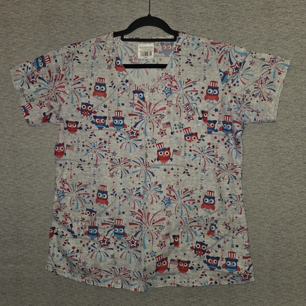 UA Scrubs Patriotic Scrub Top Women's Size Large Silver Shirt 4th Of July Owls